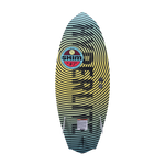 Hyperlite Shim Wakesurf Board 2023 - A blue and white wakesurf board with a black stripe pattern on its top surface.