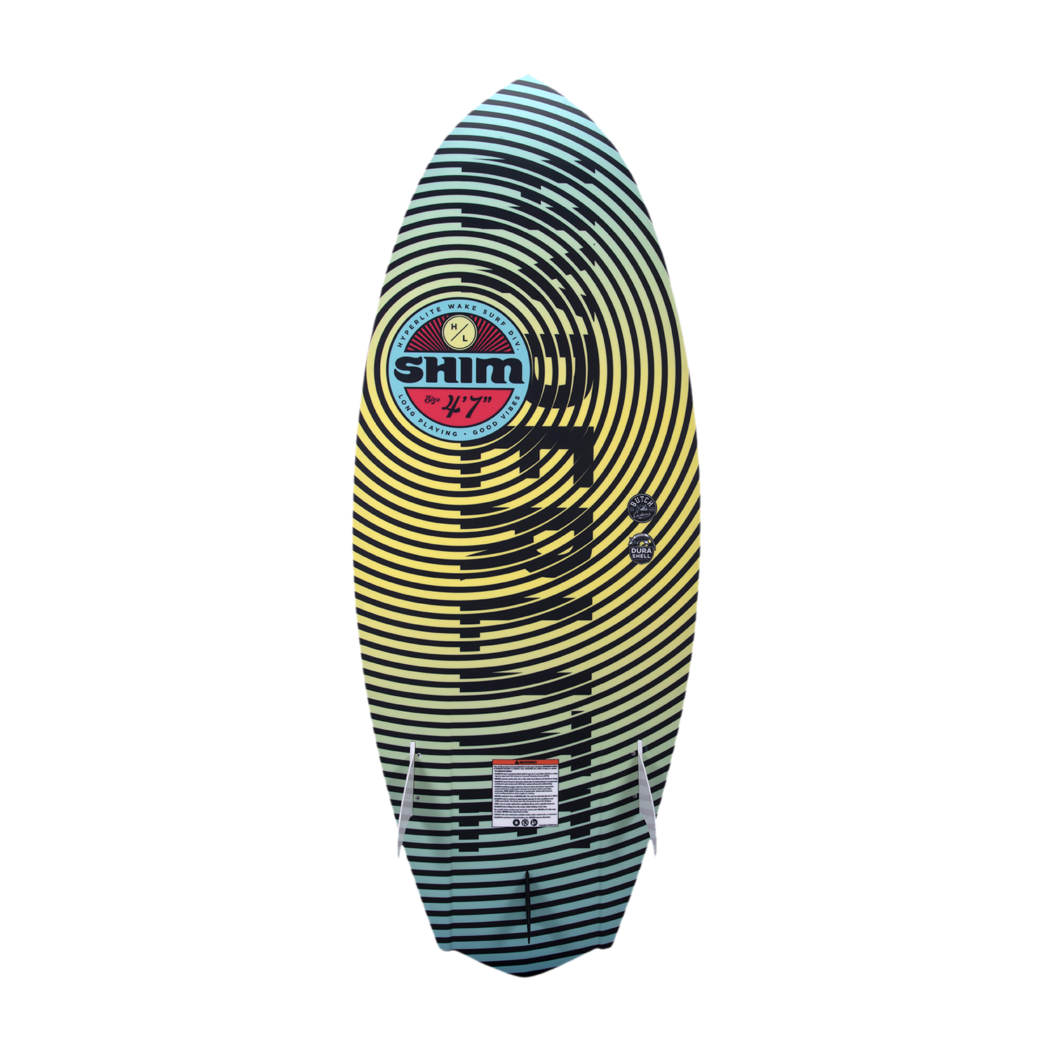 Hyperlite Shim Wakesurf Board 2023 - A blue and white wakesurf board with a black stripe pattern on its top surface.