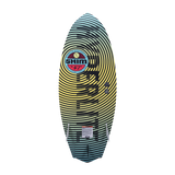 Hyperlite Shim Wakesurf Board 2023 - A blue and white wakesurf board with a black stripe pattern on its top surface.