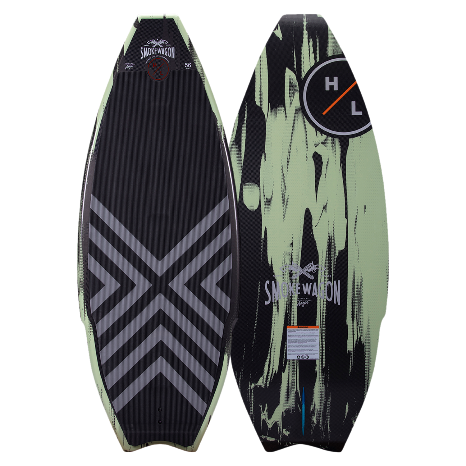 Hyperlite Smokewagon Wakesurf Board 2023 - A black wakesurf board with a white logo and gray chevron pattern on its bottom.