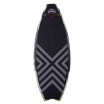 Hyperlite Smokewagon Wakesurf Board 2023 - A black wakesurf board with a red logo and white lettering on top, featuring a distinctive X-shaped design on its bottom.