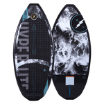 Hyperlite Storm Wakesurf Board 2023 - A black wakesurf board with a white lightning bolt logo on top and blue accents along the edges.