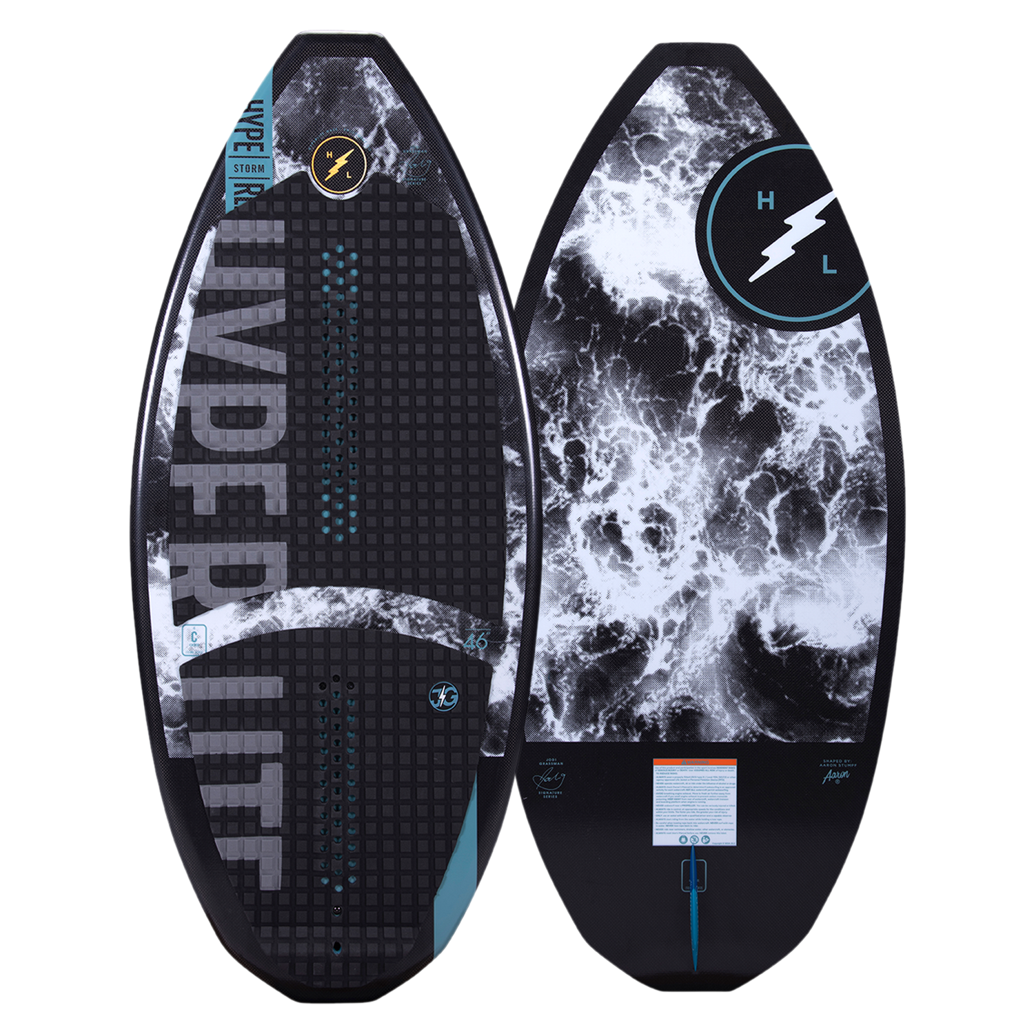 Hyperlite Storm Wakesurf Board 2023 - A black wakesurf board with a white lightning bolt logo on top and blue accents along the edges.