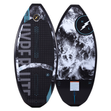 Hyperlite Storm Wakesurf Board 2023 - A black wakesurf board with a white lightning bolt logo on top and blue accents along the edges.