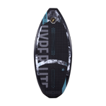 Hyperlite Storm Wakesurf Board 2023 - A black wakesurf board with a white and gray patterned design on its top surface.