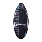 Hyperlite Storm Wakesurf Board 2023 - A black wakesurf board with a white and gray patterned design on its top surface.