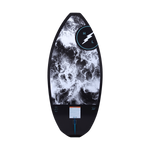 Hyperlite Storm Wakesurf Board 2023 - A black wakesurf board with a white lightning bolt logo on top and a blue stripe at the bottom.