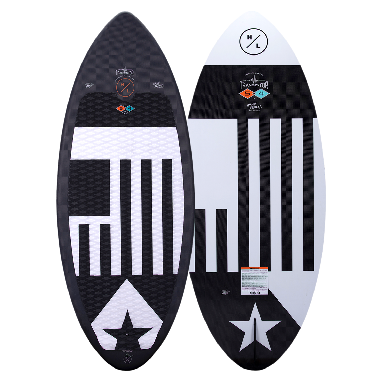 Hyperlite Transistor Wakesurf Board 2023 - A black and white wakesurf board with a geometric pattern on its top surface.