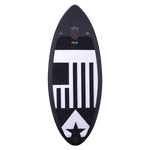 Hyperlite Transistor Wakesurf Board 2023 - A black wakesurf board with a white logo and geometric pattern on top, viewed from above.