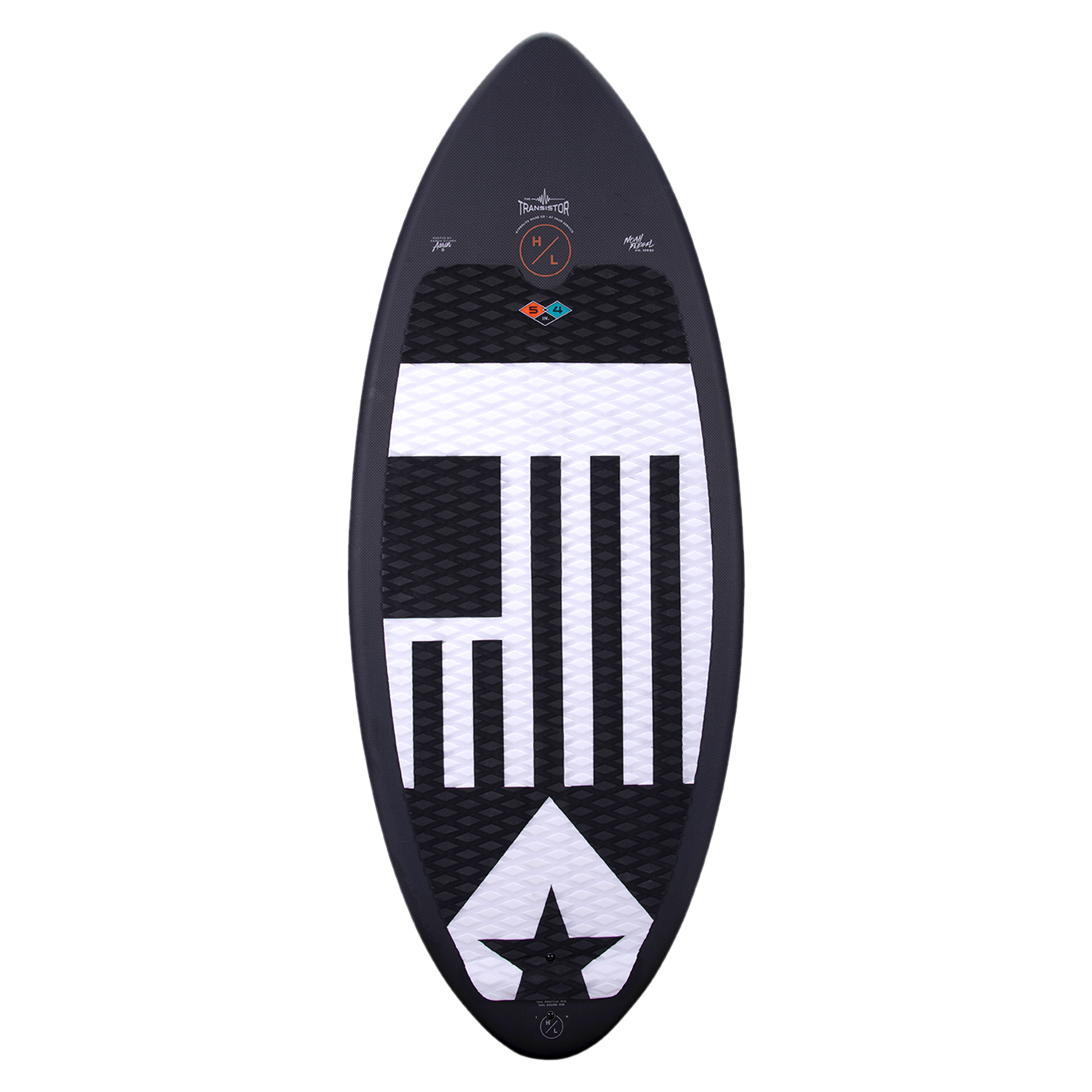 Hyperlite Transistor Wakesurf Board 2023 - A black wakesurf board with a white logo and geometric pattern on top, viewed from above.