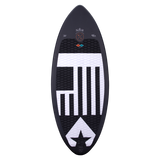 Hyperlite Transistor Wakesurf Board 2023 - A black wakesurf board with a white logo and geometric pattern on top, viewed from above.