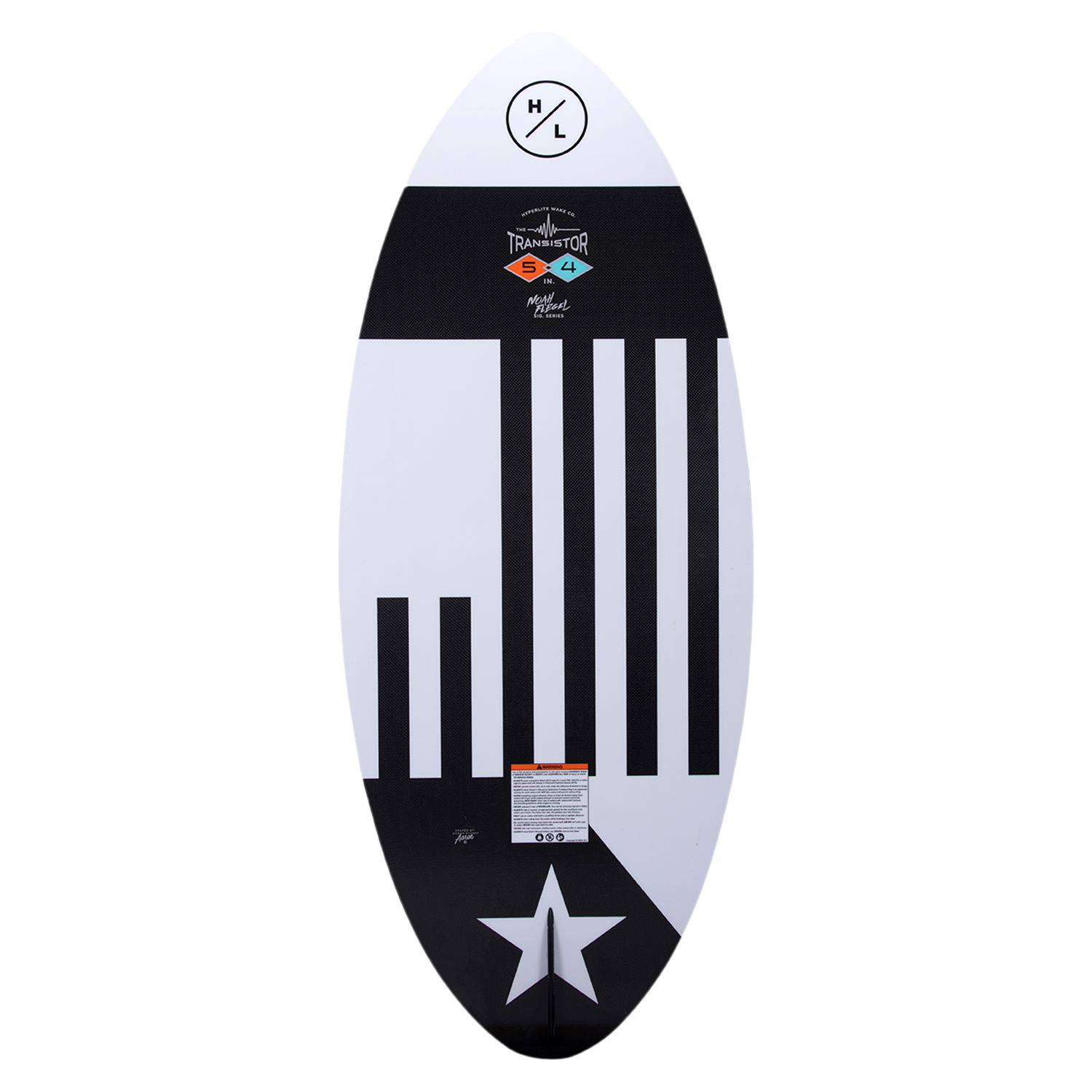 Hyperlite Transistor Wakesurf Board 2023 - A black and white wakesurf board with a star at the bottom tip.