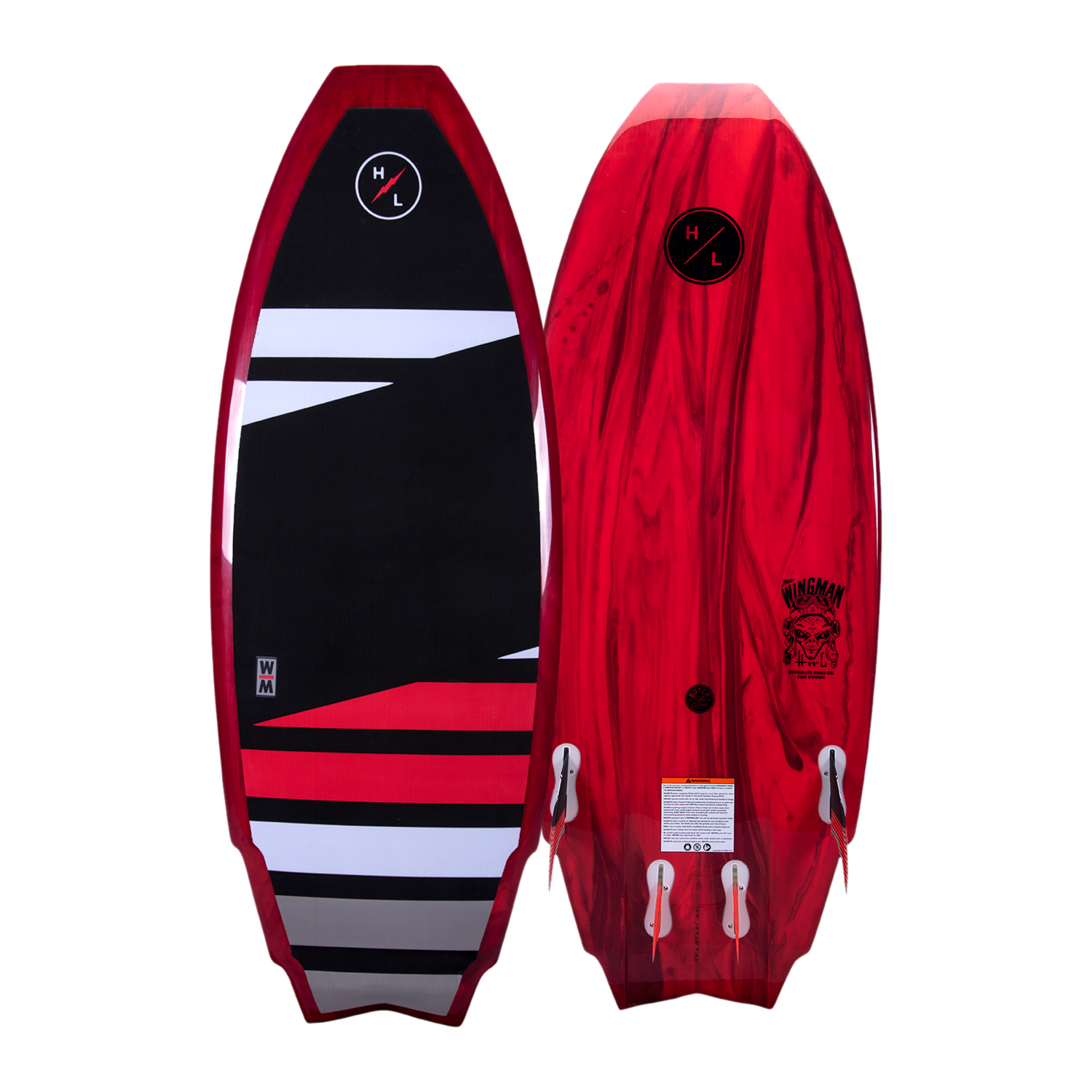 Hyperlite Wingman Wakesurf Board 2023 - A black and white wakesurf board with a red outline, featuring a geometric pattern on its top surface.
