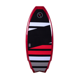 Hyperlite Wingman Wakesurf Board 2023 - A black wakesurf board with a red outline and white lettering, featuring a geometric pattern on its top surface.