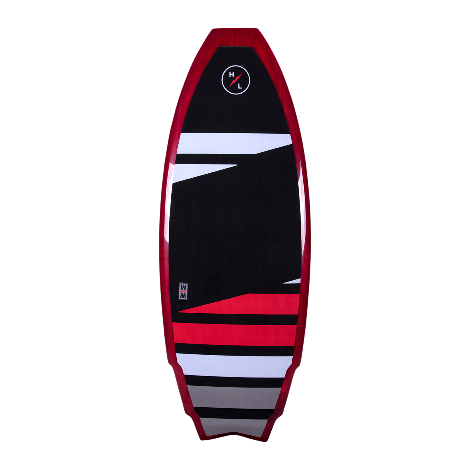 Hyperlite Wingman Wakesurf Board 2023 - A black wakesurf board with a red outline and white lettering, featuring a geometric pattern on its surface.