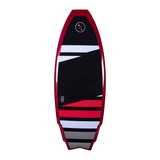 Hyperlite Wingman Wakesurf Board 2023 - A black wakesurf board with a red outline and white lettering, featuring a geometric pattern on its surface.