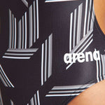 Arena Women's Puzzled Challenge Back One Piece Swimsuit - A black one-piece swimsuit with a geometric pattern of light gray lines and shapes.
