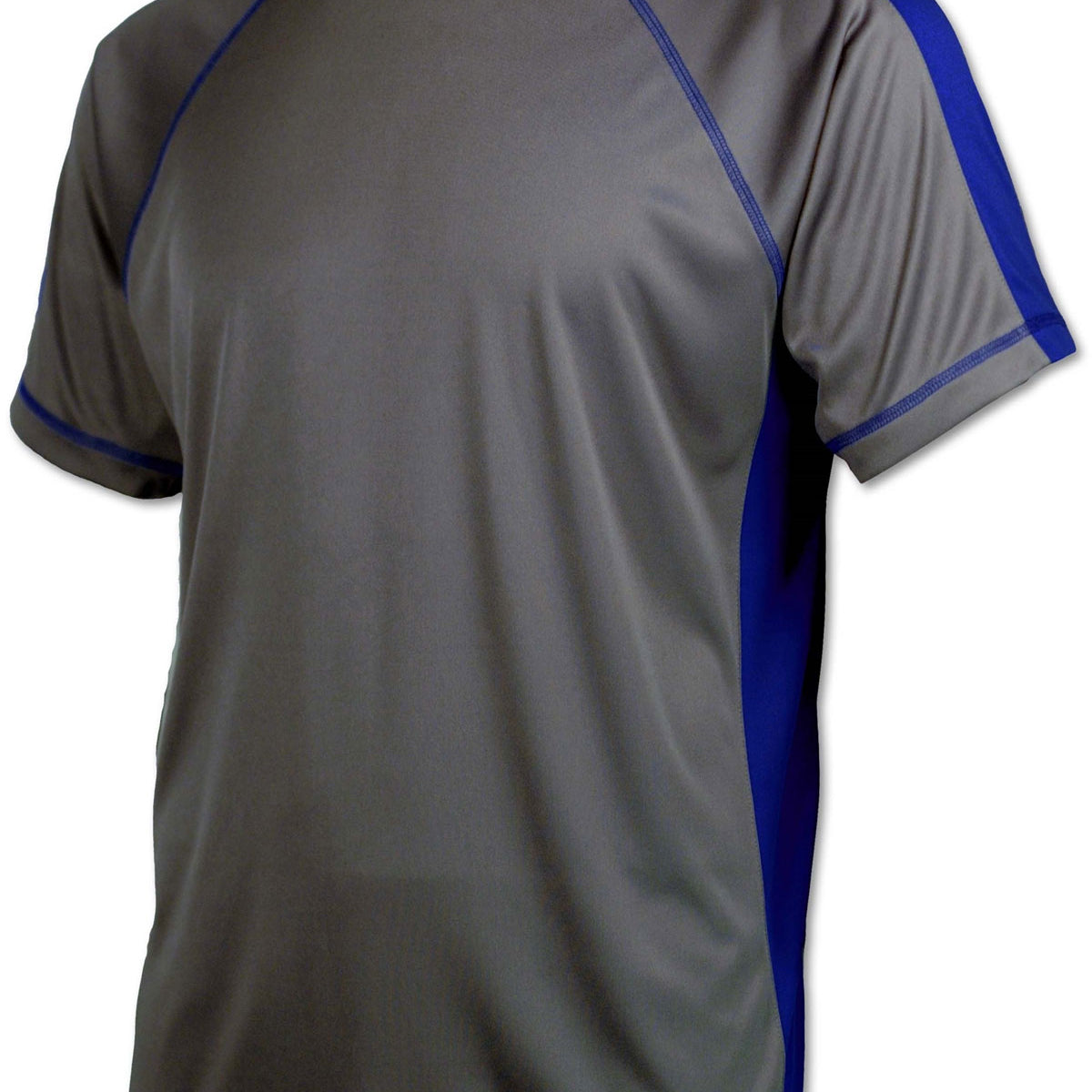 BAW Athletic Wear Boy's X-Tek Sideline Short Sleeve T-Shirt - A gray short-sleeved t-shirt with a crew neck and blue stripes on the shoulders.
