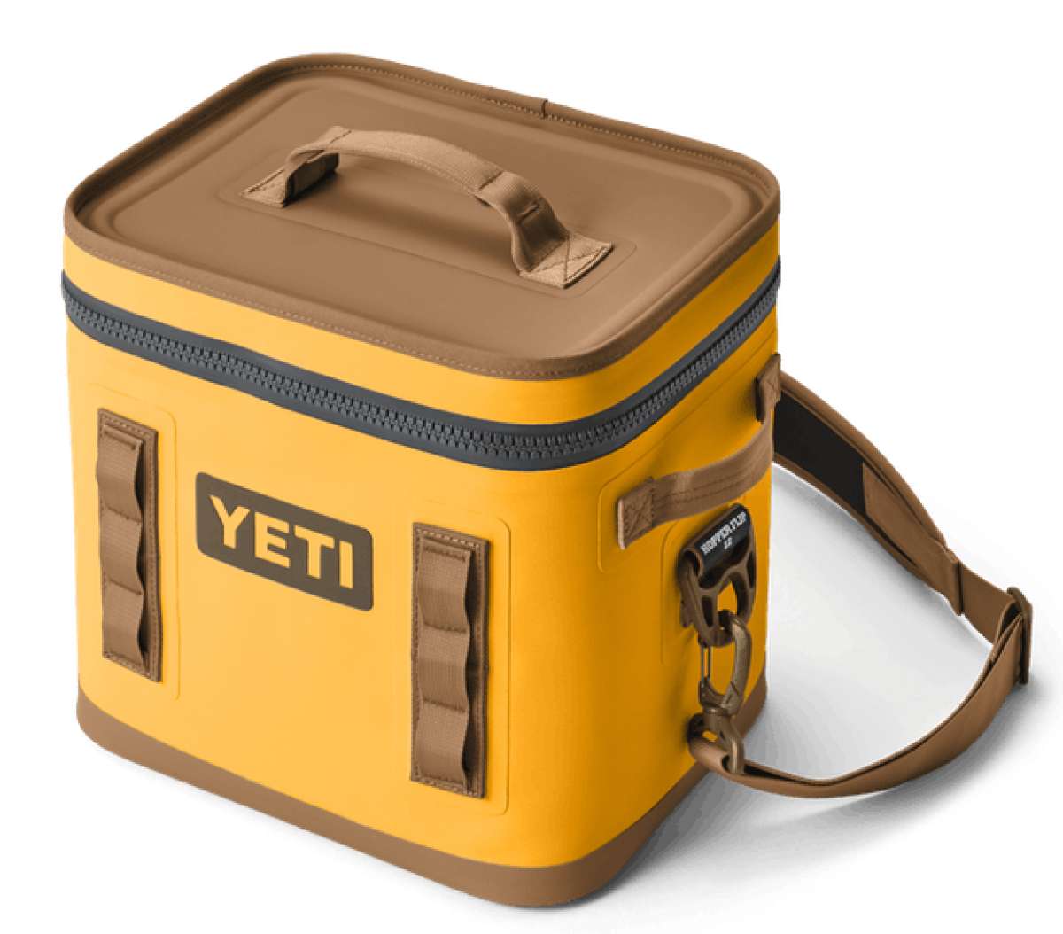 Yeti Hopper Flip 12 Personal Cooler - A yellow cooler with a handle on top and an orange zipper.