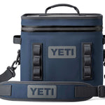 Yeti Hopper Flip 12 Personal Cooler - A navy blue cooler with a zippered top and two handles, one on each side.