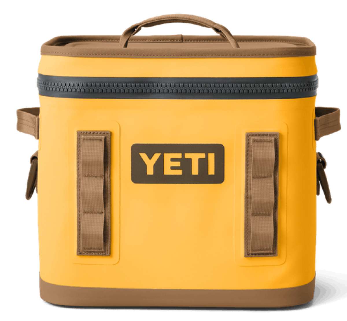 Yeti Hopper Flip 12 Personal Cooler - A yellow cooler with a handle on top and two side handles, featuring a zipper closure.