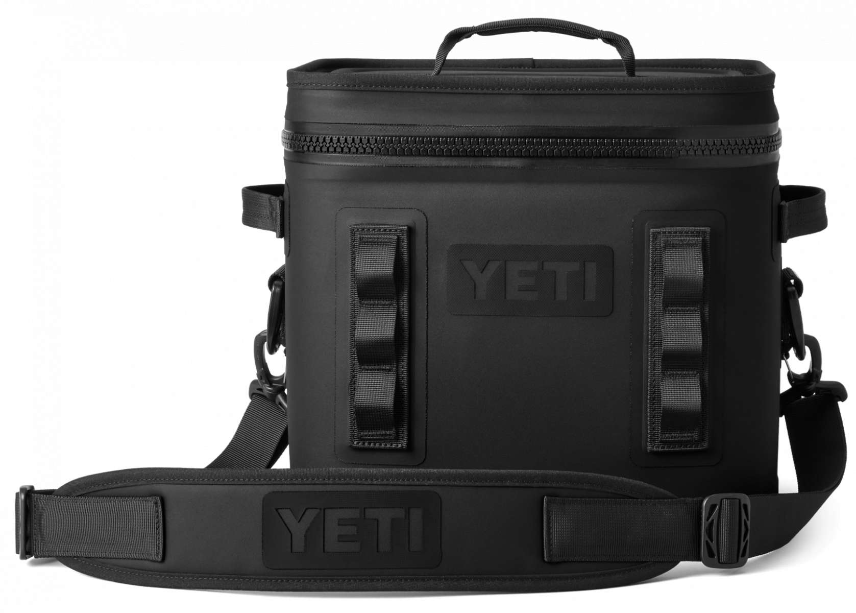Yeti Hopper Flip 12 Personal Cooler - A black cooler with a zippered top and handle on top, featuring the word "YETI" in white letters on one side.