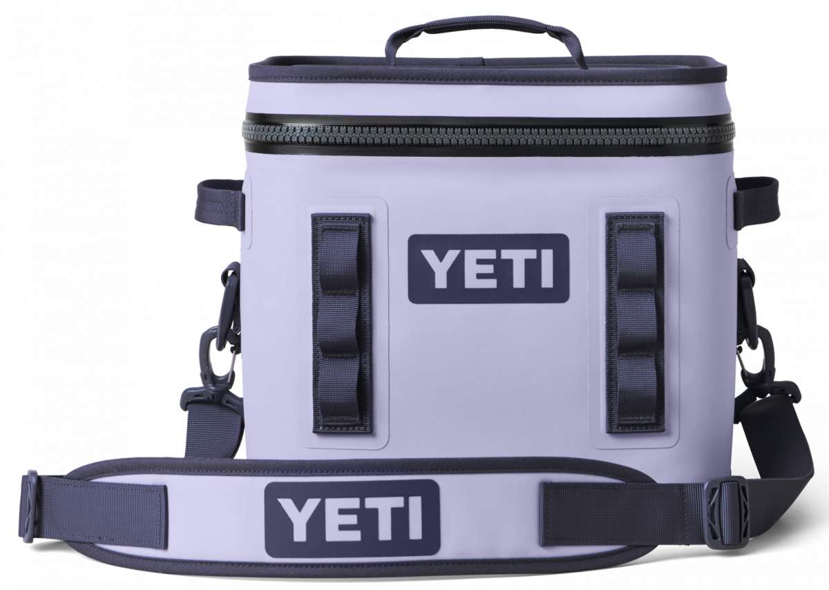 Yeti Hopper Flip 12 Personal Cooler - A light gray cooler with a zippered top and two handles, one on each side.