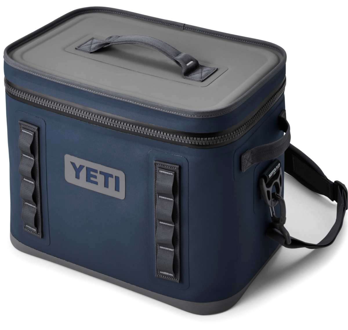 Yeti Hopper Flip 18 Personal Cooler - A navy blue cooler with a zippered lid and two handles on top, featuring a rectangular shape and a small logo on the front.
