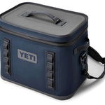 Yeti Hopper Flip 18 Personal Cooler - A navy blue cooler with a zippered lid and two handles on top, featuring a rectangular shape and a small logo on the front.