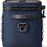 Yeti Hopper Flip 18 Personal Cooler - A navy blue cooler with a zippered top and handle on top, featuring a gray zipper pull tab.
