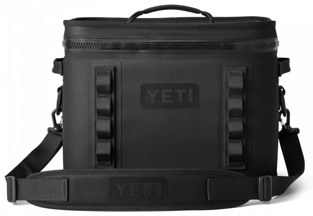 Yeti Hopper Flip 18 Personal Cooler - A black cooler with a zippered top and two handles, one on each side.