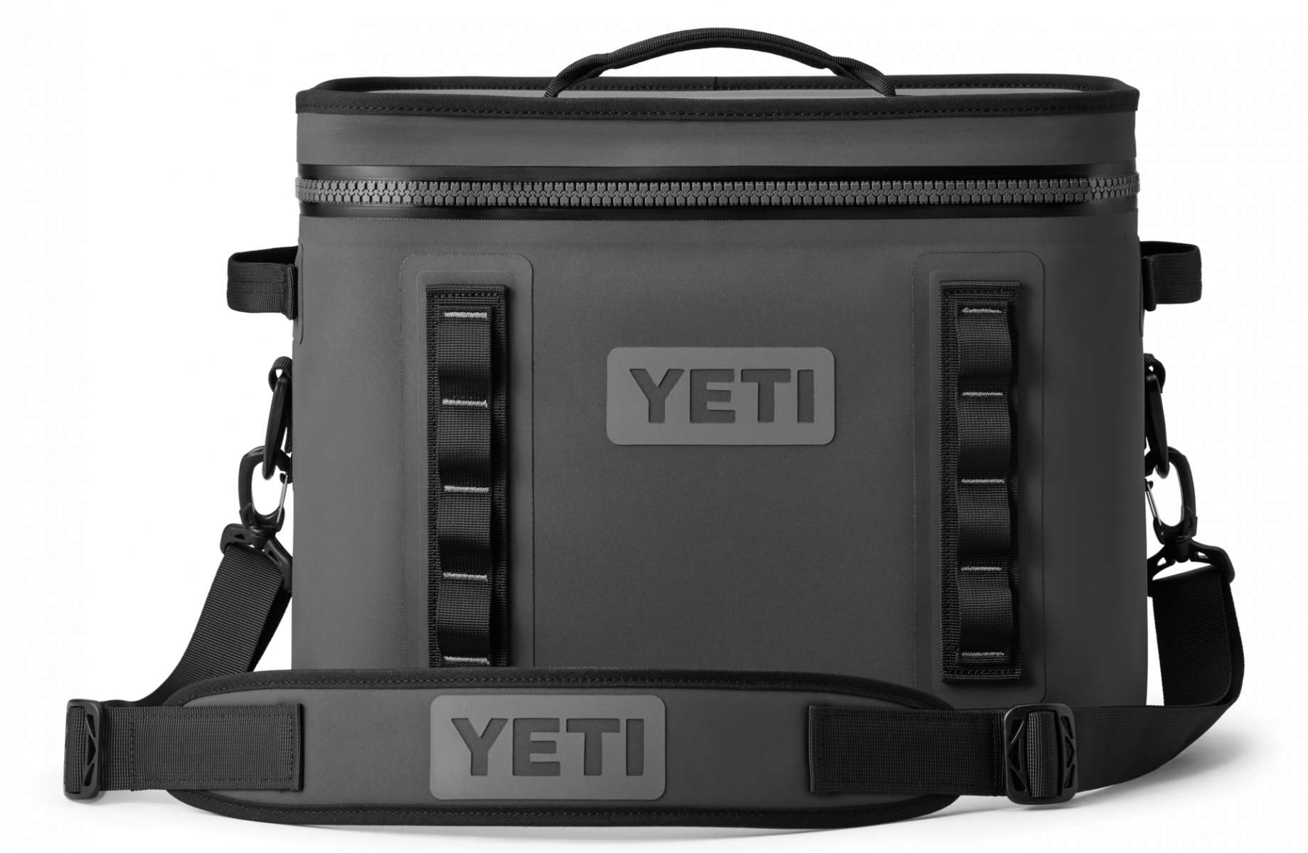Yeti Hopper Flip 18 Personal Cooler - A dark gray cooler with a zippered top and two handles, one on each side.