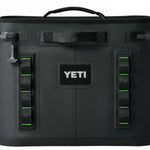 Yeti Hopper Flip 18 Personal Cooler - A black cooler with a zipper and handle on top, featuring a rectangular shape and a small logo that says "YETI" in white letters.