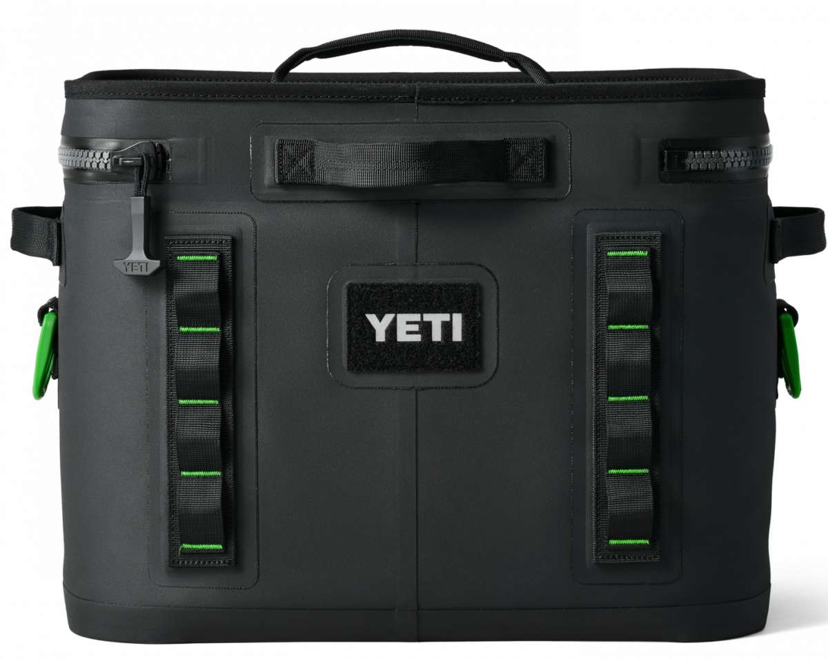 Yeti Hopper Flip 18 Personal Cooler - A black cooler with a zipper and handle on top, featuring a rectangular shape and a small logo that says "YETI" in white letters.