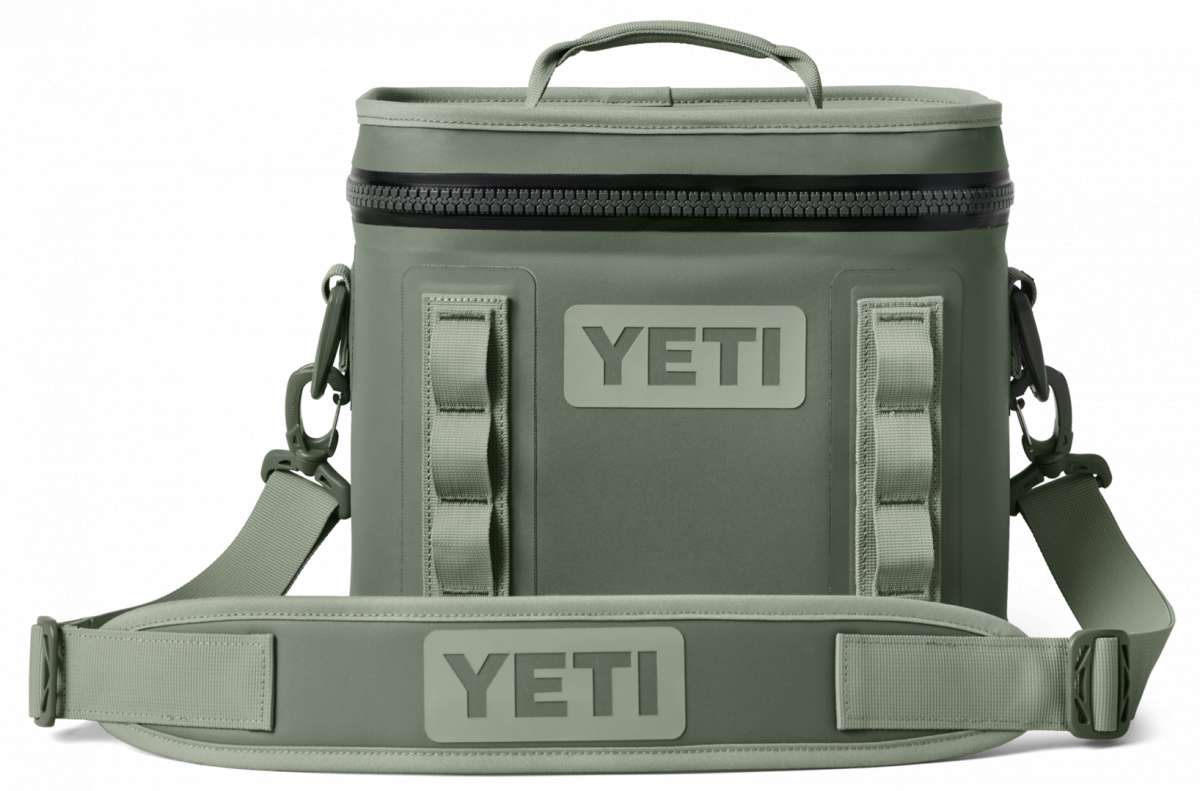 Yeti Hopper Flip 8 Personal Cooler - A dark gray cooler with a zipper closure and two handles, one on top and one on the side.