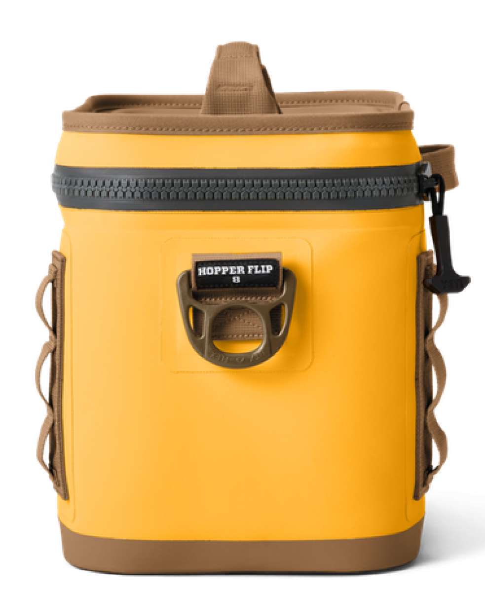 Yeti Hopper Flip 8 Personal Cooler - A yellow cooler with a zippered top and handle on top, featuring a black zipper pull tab.