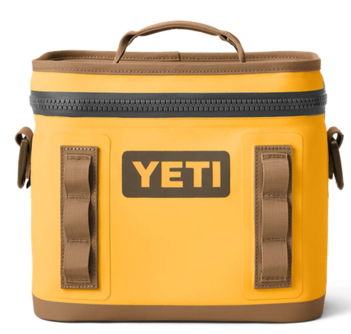 Yeti Hopper Flip 8 Personal Cooler - A yellow cooler with a handle on top and two side handles, featuring a zipper closure.