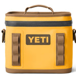 Yeti Hopper Flip 8 Personal Cooler - A yellow cooler with a handle on top and two side handles, featuring a zipper closure.