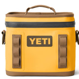 Yeti Hopper Flip 8 Personal Cooler - A yellow cooler with a handle on top and two side handles, featuring a zipper closure.