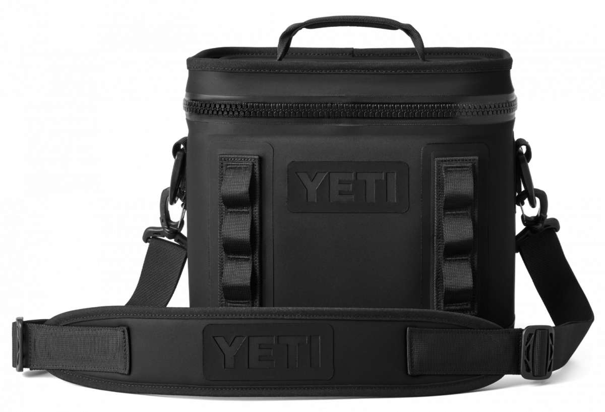 Yeti Hopper Flip 8 Personal Cooler - A black cooler with a zippered top and handle on top, featuring an embossed "YETI" logo on one side.