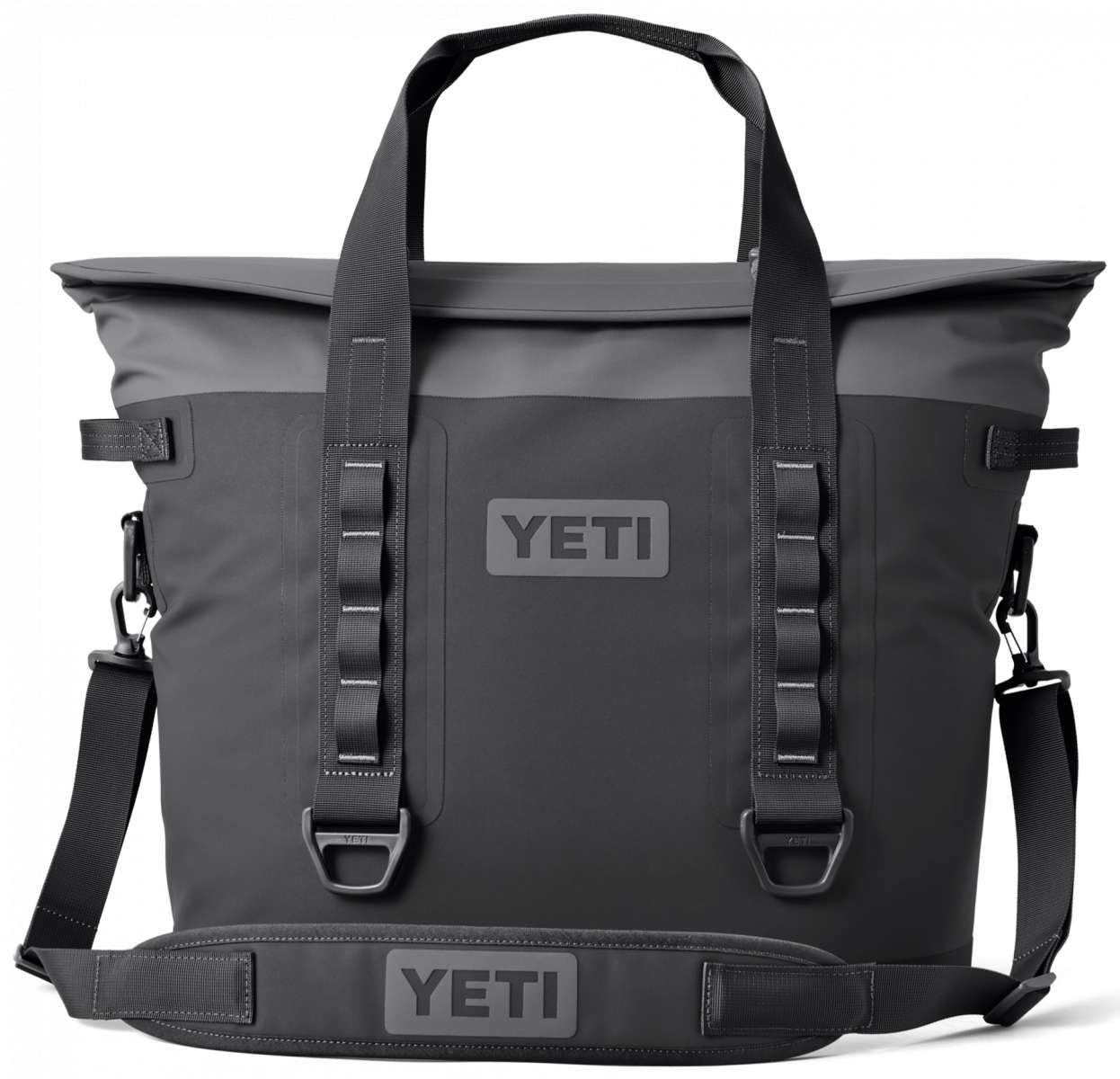 Yeti Hopper M30 2.0 Soft Cooler - A large, dark gray cooler with a zippered top and two adjustable shoulder straps.