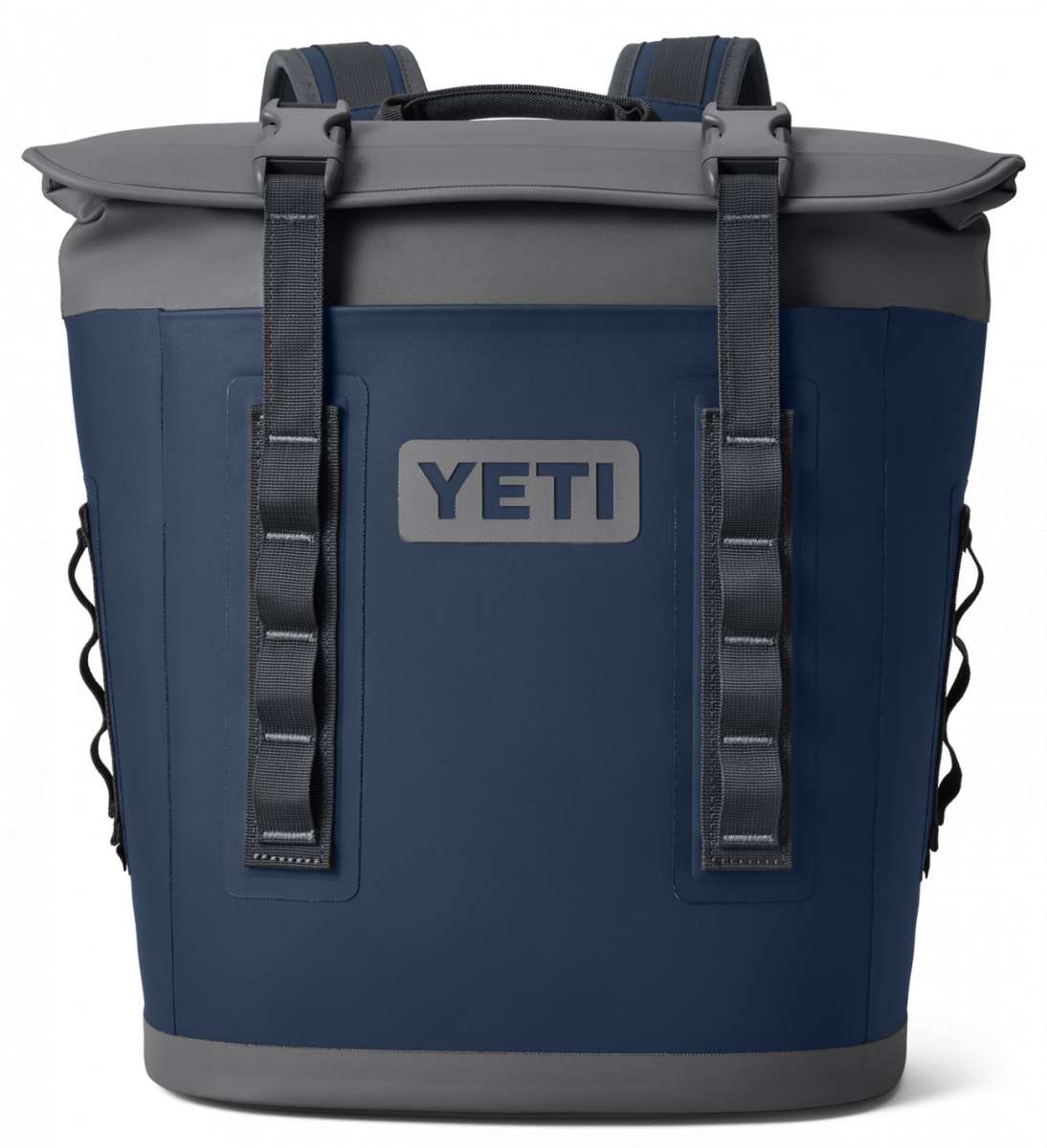 Yeti Hopper M12 Backpack Soft Cooler - A navy blue cooler with a gray zipper and handle, featuring a large main compartment and two smaller side pockets.