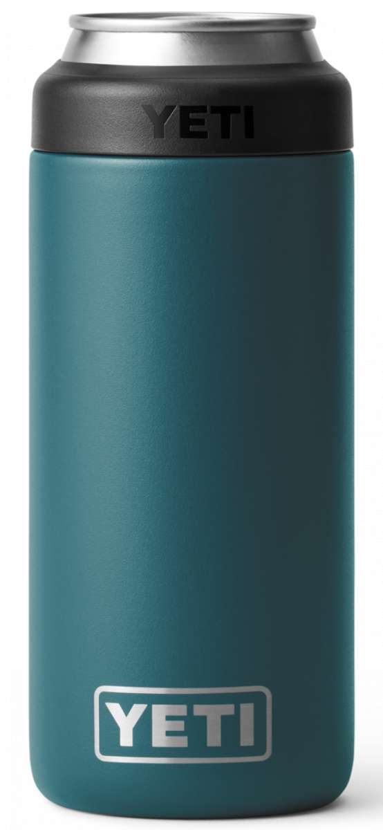 Yeti Rambler 12 oz. Colster Slim Can Insulator - A slim can insulator with a silver lid and a dark gray body.