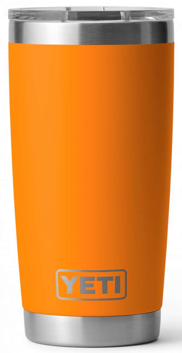 Yeti Rambler 20 oz. Tumbler with Magslider Lid - A stainless steel tumbler with a silver lid and a sliding closure mechanism.