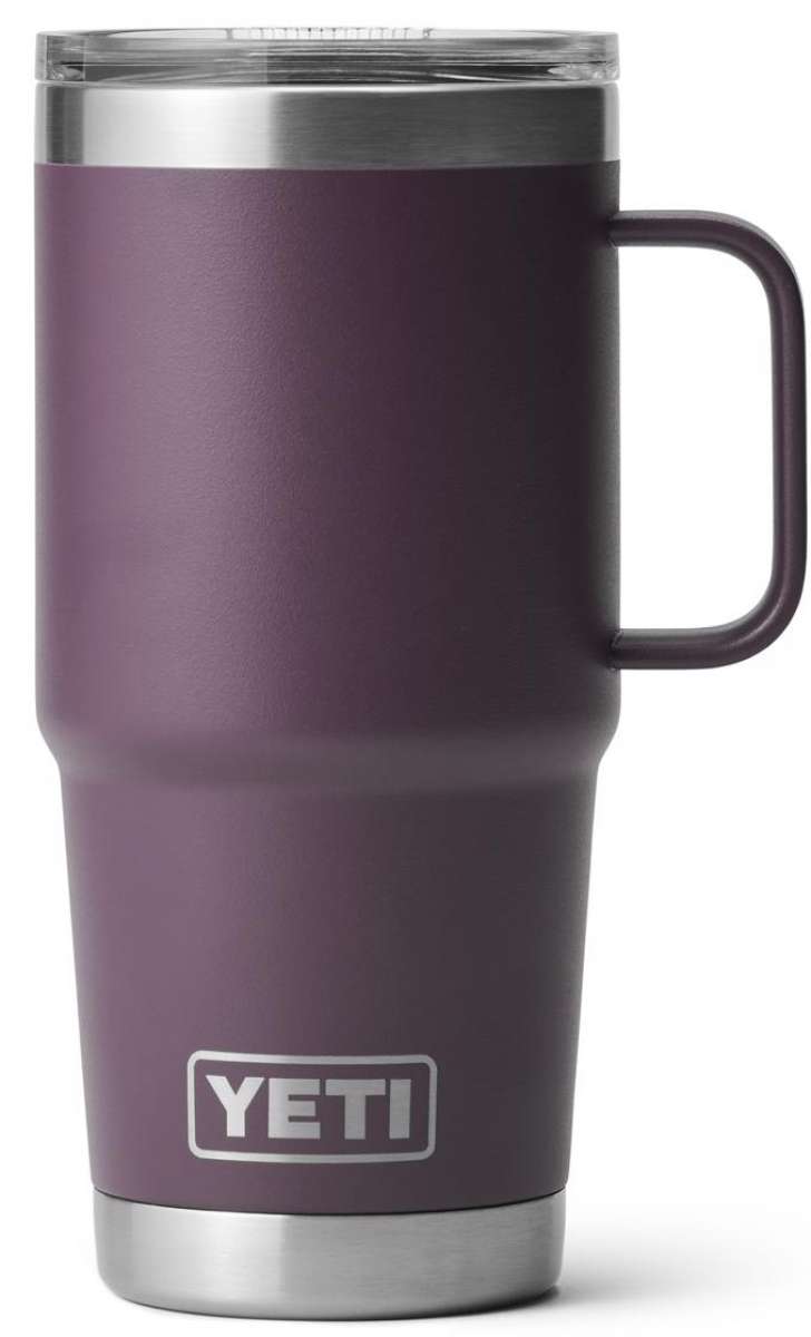 Yeti Rambler 20 oz. Travel Mug - A stainless steel travel mug with a clear lid and a handle on the right side.