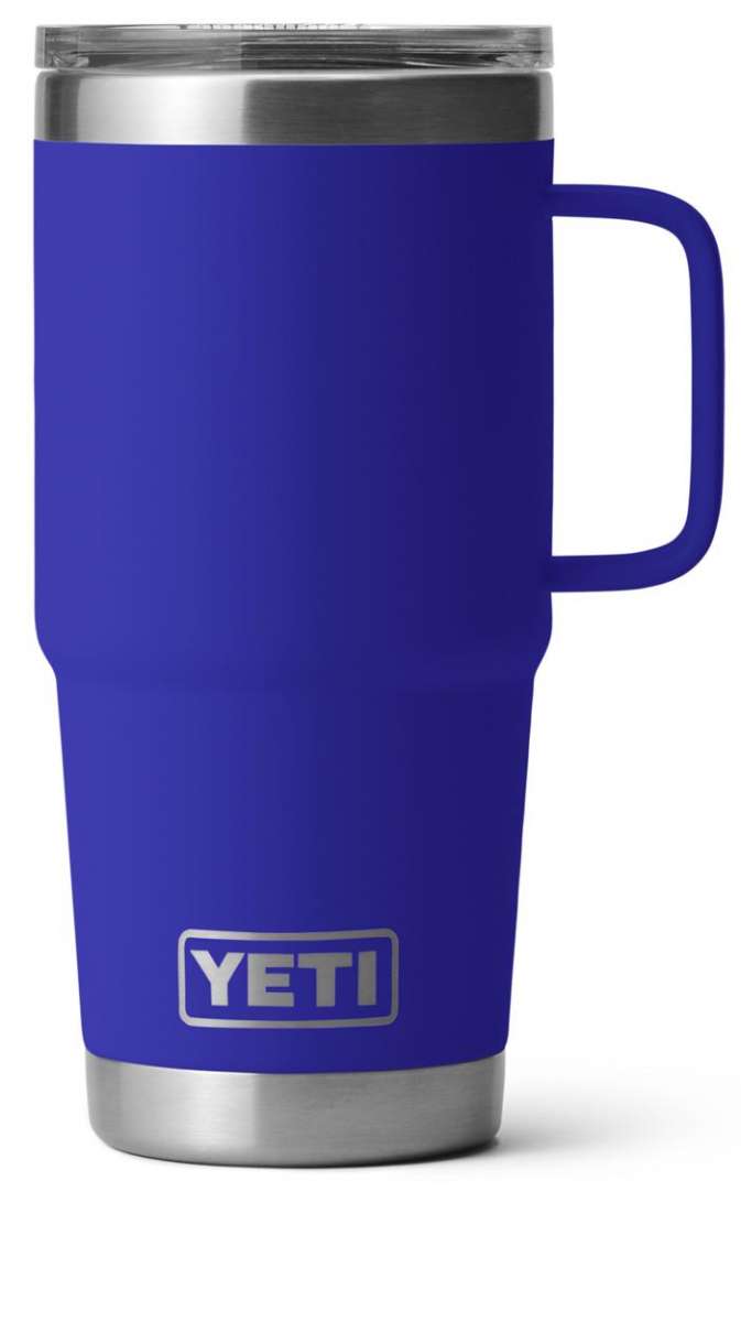 Yeti Rambler 20 oz. Travel Mug - A stainless steel travel mug with a clear lid and a silver handle on the right side.