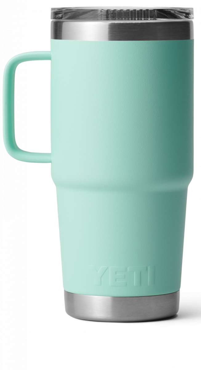 Yeti Rambler 20 oz. Travel Mug - A stainless steel travel mug with a clear lid and handle on the left side.