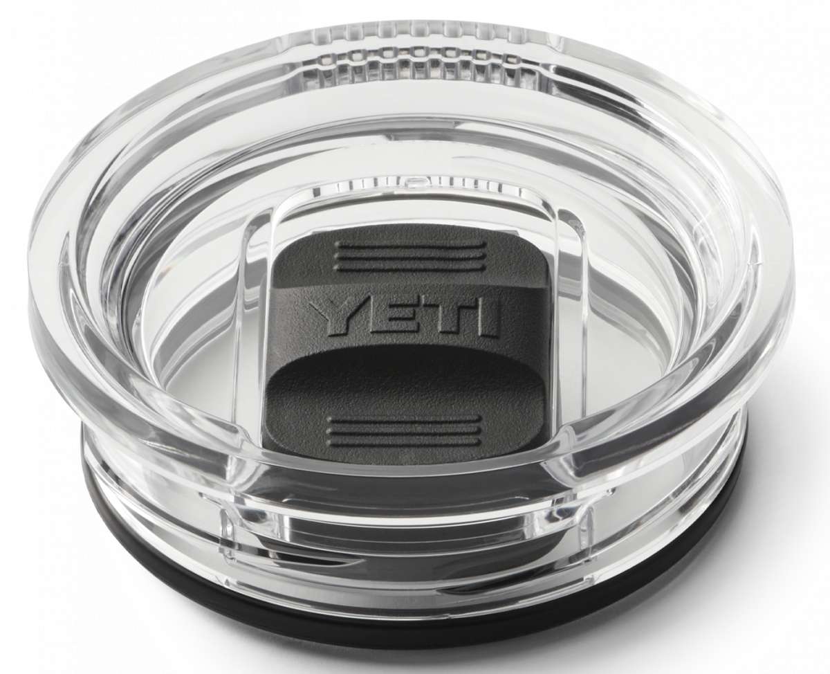Yeti Rambler 20 oz. Travel Mug - A clear plastic travel mug with a black lid and embossed "YETI" logo on top.