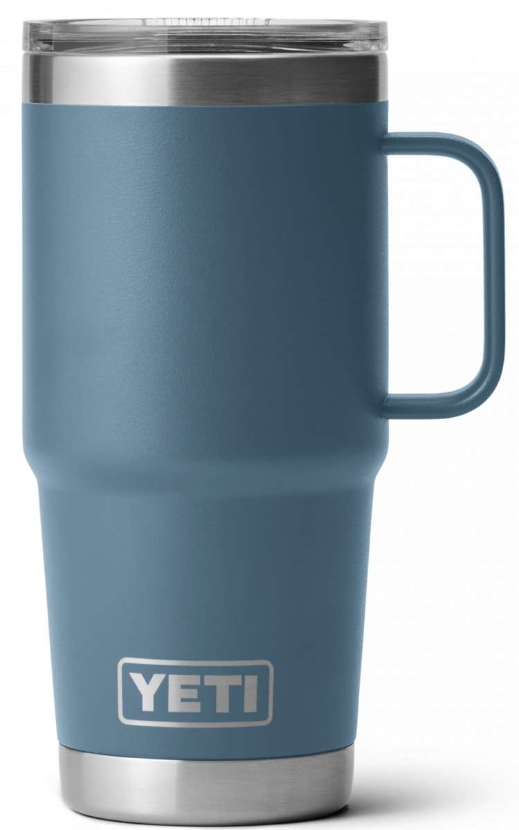Yeti Rambler 20 oz. Travel Mug - A stainless steel travel mug with a clear lid and white lettering on the side.