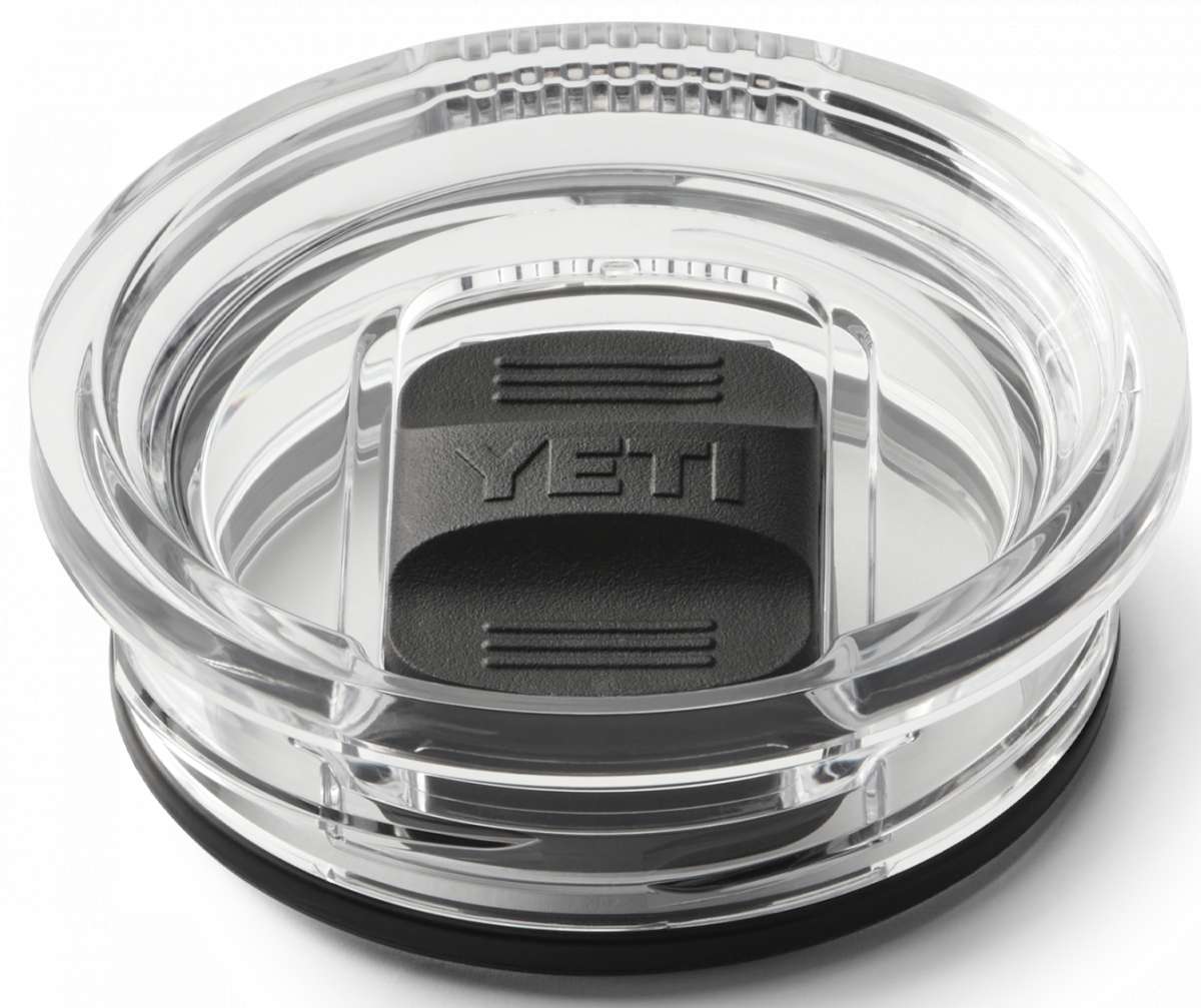 Yeti Rambler 20 oz. Travel Mug - A clear plastic travel mug with a black lid and embossed "YETI" logo on top.